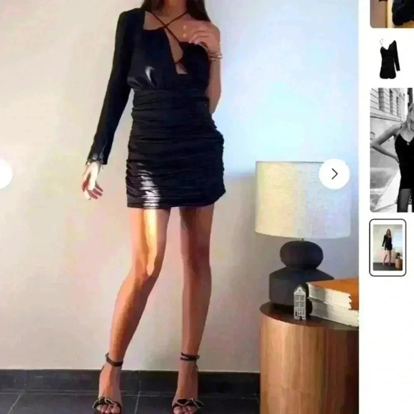 Zara Draped Dress Midi Short Black Strappy - Picture 2 of 9